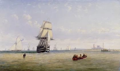 Hombres de Guerra, Goletas y Yates de la Marina Real en una Escena de Canal Ocupado frente al Faro de Fastnet
